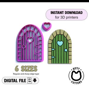 May include: A set of 3D printer cutters in the shape of a fairy door and a heart. The fairy door cutters are in purple and green, with a heart-shaped window. The text "INSTANT DOWNLOAD for 3D printers" is visible.