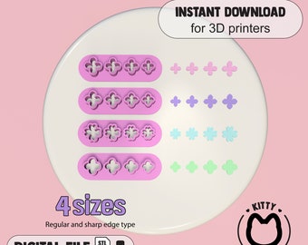 Puede incluir: Cuatro cortadores de galletas imprimibles en 3D de diferentes tamaños, con un diseño de flor. Los cortadores se muestran en rosa, morado, azul y verde. La imagen también incluye el texto "INSTANT DOWNLOAD for 3D printers", "4 tamaños", "Regular and sharp edge type", "DIGITAL FILE", "STL File", "KITTY CUTTERS".
