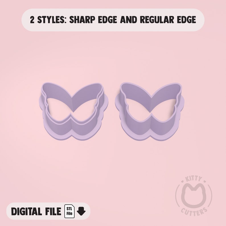 May include: Two lavender butterfly-shaped cookie cutters, one with a sharp edge and one with a regular edge. The image includes the text "2 STYLES: SHARP EDGE AND REGULAR EDGE" and "DIGITAL FILE". The Kitty Cutters logo is in the bottom right corner.