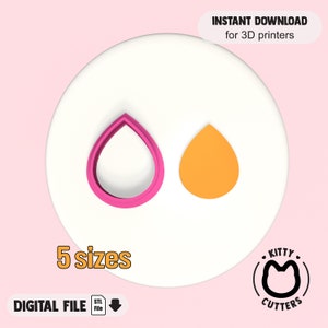 May include: A digital download of five different sized teardrop cookie cutters. The cutters are shown in pink and orange. The image also includes the text "INSTANT DOWNLOAD for 3D printers", "5 sizes", "DIGITAL FILE", and "KITTY CUTTERS".