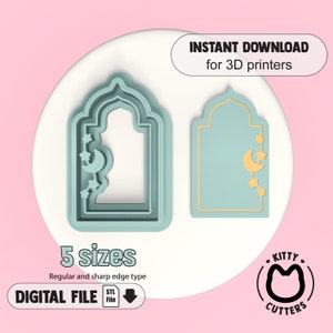 May include: A digital file for 3D printing a set of five different sized cookie cutters in the shape of a crescent moon and stars with an arched frame. The cutters are teal blue with a yellow crescent moon and stars. The text "INSTANT DOWNLOAD for 3D printers" and "5 sizes" is visible in the image. The text "DIGITAL FILE" and "STL File" is also visible in the image.