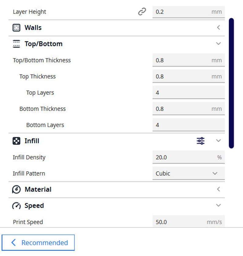 Puede incluir: Captura de pantalla de un panel de configuraci&oacute;n de impresi&oacute;n 3D con opciones para la altura de capa, las paredes, la parte superior/inferior, el relleno, el material y la velocidad. La altura de capa est&aacute; configurada en 0,2 mm, la densidad de relleno est&aacute; configurada en 20% y la velocidad de impresi&oacute;n est&aacute; configurada en 50 mm/s.