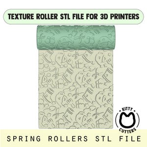 May include: A 3D-printed texture roller with a spring-themed design. The roller features a repeating pattern of gardening tools and boots. The top section is light green, and the main roller is a light beige color. The text "TEXTURE ROLLER STL FILE FOR 3D PRINTERS" is at the top.