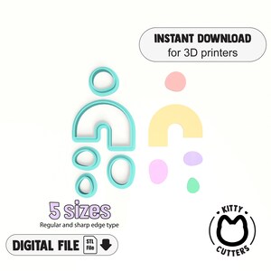 May include: Five 3D printable cookie cutters in various sizes. The cutters are in the shape of an arch, a circle, and an oval. The cutters are light blue, yellow, pink, purple, and green.