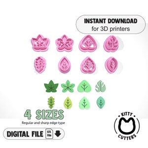 Può includere: Un set di stampini per biscotti stampabili in 3D in quattro dimensioni, con varie forme di foglie. Gli stampini sono rosa e hanno un tipo di bordo affilato. L'immagine include anche il testo "INSTANT DOWNLOAD for 3D printers" e "4 SIZES Regular and sharp edge type DIGITAL FILE STL File".