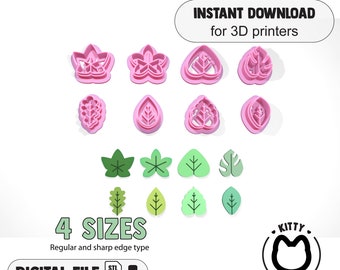 Puede incluir: Un conjunto de cortadores de galletas imprimibles en 3D en cuatro tamaños, con diferentes formas de hojas. Los cortadores son de color rosa y tienen un tipo de borde afilado. La imagen también incluye el texto "INSTANT DOWNLOAD for 3D printers" y "4 SIZES Regular and sharp edge type DIGITAL FILE STL File".