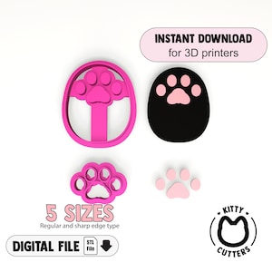 Puede incluir: Cinco archivos digitales para la impresión 3D de cortadores de galletas con forma de pata de gato de varios tamaños. Los archivos están en formato STL. La imagen muestra un cortador de galletas con forma de pata de gato rosa, un cortador de galletas con forma de pata de gato negro, un cortador de galletas con forma de pata de gato rosa, un cortador de galletas con forma de pata de gato rosa y un logotipo en blanco y negro que dice "Kitty Cutters".