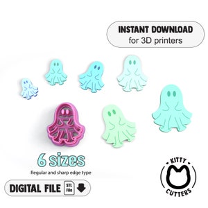 May include: Six different sizes of ghost cookie cutters in various shades of blue and green. The cutters are made for 3D printing and are available as a digital download. The image also includes a pink ghost cookie cutter and a logo for Kitty Cutters.