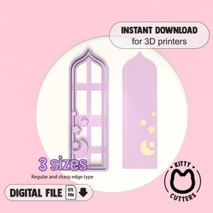 May include: A digital file for 3D printing a decorative window with a crescent moon and stars design. The file is available in three sizes and comes with both regular and sharp edge types. The file is in STL format.