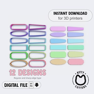 May include: Twelve different cookie cutter designs in various pastel colors. The cutters are arranged in two rows, with six cutters in each row. The cutters are all different shapes, including circles, ovals, rectangles, and squares. The text "12 DESIGNS" is printed in pink below the cutters. The text "Regular and sharp edge type" is printed in black below the text "12 DESIGNS". The text "DIGITAL FILE" is printed in black below the text "Regular and sharp edge type". The text "STL File" is printed in black below the text "DIGITAL FILE". A downward pointing arrow is printed in black to the right of the text "STL File". The text "INSTANT DOWNLOAD" is printed in black at the top of the image. The text "for 3D printers" is printed in black below the text "INSTANT DOWNLOAD". The text "KITTY CUTTERS" is printed in black in a circle at the bottom right of the image. A black cat silhouette is printed inside the circle.