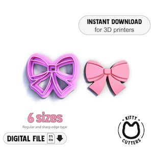 May include: Pink bow-shaped cookie cutters, one with a layered design and the other solid. The image includes the text "INSTANT DOWNLOAD for 3D printers", "6 sizes", and "DIGITAL FILE". The Kitty Cutters logo is also present.