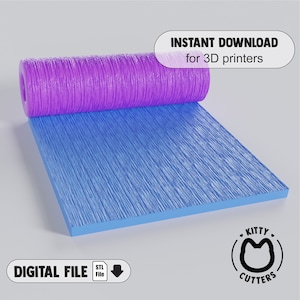 May include: A digital download of an STL file for a 3D printed wood grain texture roller. The roller is purple and is unrolled to show the blue wood grain texture. The text "INSTANT DOWNLOAD for 3D printers" is in a white circle at the top of the image. The text "DIGITAL FILE" is at the bottom left of the image. The text "STL File" is in a white rectangle with a downward pointing arrow. The text "KITTY CUTTERS" is in a black circle with a black cat head inside.