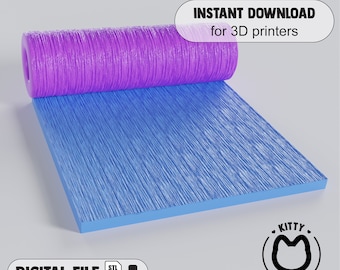 Puede incluir: Una descarga digital de un archivo STL para un rodillo de textura de grano de madera impreso en 3D. El rodillo es morado y se desenrolla para mostrar la textura de grano de madera azul. El texto "INSTANT DOWNLOAD for 3D printers" está en un círculo blanco en la parte superior de la imagen. El texto "DIGITAL FILE" está en la parte inferior izquierda de la imagen. El texto "STL File" está en un rectángulo blanco con una flecha que apunta hacia abajo. El texto "KITTY CUTTERS" está en un círculo negro con una cabeza de gato negra dentro.