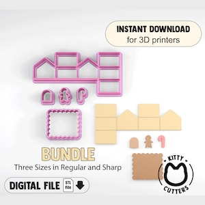 May include: A bundle of pink plastic cookie cutters in various shapes, including a house, gingerbread man, and candy cane. The image also shows the cut-out shapes in tan cardboard. Text reads "INSTANT DOWNLOAD for 3D printers" and "BUNDLE".