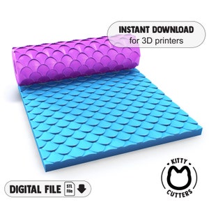 May include: A 3D printable STL file for a mermaid scale rolling pin. The rolling pin is pink and blue and has a repeating pattern of scales. The text "INSTANT DOWNLOAD for 3D printers" is in the upper right corner of the image. The text "DIGITAL FILE STL File" is in the lower left corner of the image. The text "KITTY CUTTERS" is in the lower right corner of the image.