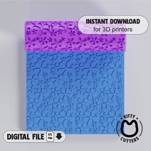 May include: A blue and purple 3D printed rolling pin with a floral pattern. The rolling pin is designed for use with fondant or clay. The text "INSTANT DOWNLOAD for 3D printers" is visible in the image. The text "DIGITAL FILE STL File" is also visible in the image.