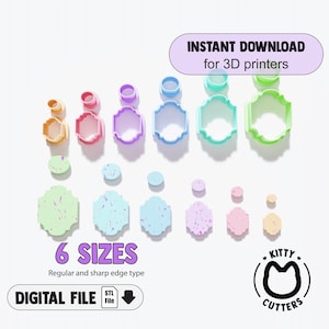 May include: A collection of colorful 3D printer cutters in various sizes. The cutters are in the shape of a decorative frame. The image includes the text "INSTANT DOWNLOAD for 3D printers", "6 SIZES", and "DIGITAL FILE". The logo for Kitty Cutters is also present.