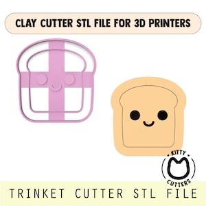 Könnte beinhalten: Zwei brotförmige Designs für den 3D-Druck. Eines ist eine rosa Umrisslinie einer Brotscheibe mit einem Gesicht, das andere ist eine hellbraune Brotscheibe mit einem lächelnden Gesicht. Der Text oben lautet "CLAY CUTTER STL FILE FOR 3D PRINTERS".