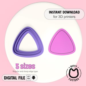 May include: Digital download of five different sized triangle cookie cutters for 3D printing. The cutters are purple and pink with a sharp edge type. The image includes the text "INSTANT DOWNLOAD for 3D printers", "5 sizes", "Regular and sharp edge type", "DIGITAL FILE", "STL File", "• KITTY • CUTTERS".