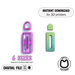 Op de afbeelding: Een digitale download van 6 maten van een 3D-printbare koekjesuitsteker in de vorm van de letter "i". De koekjesuitsteker is roze en groen en heeft een scherpe rand. De afbeelding bevat ook de tekst "INSTANT DOWNLOAD for 3D printers", "6 SIZES", "Regular and sharp edge type", "DIGITAL FILE", "STL File" en een logo voor "KITTY CUTTERS".