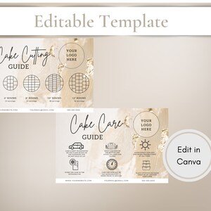 May include: Two printable guides for cake cutting and care. The guides feature a gold and white background with black text and illustrations. The cake cutting guide shows different sizes of round cakes with grid patterns for cutting. The cake care guide includes illustrations of a car, a snowflake, a clock, and a container. Both guides include the text "Your Logo Here" and contact information.