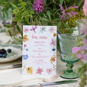 Bunte Blumen Bar Menü Vorlage Pastell Blumen Frühling Bar Zeichen Hand gezeichnete druckbare Bar Menü Zeichen Aquarell Hochzeit Bar Zeichen | KL04