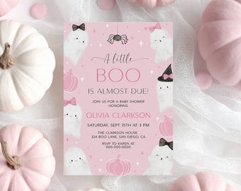 May include: A baby shower invitation with the text "A little BOO is almost due!" surrounded by pink pumpkins and confetti. The invitation features ghost illustrations and details for Olivia Clarkson's baby shower.