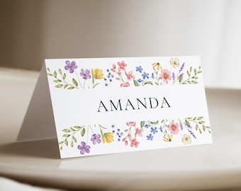 Plantilla de tarjeta de lugar con flores silvestres, tarjeta de asiento para boda con flores pastel, tarjeta de lugar para boda con flores bohemias, tarjetas de nombre para despedida de soltera con flores bohemias/W004