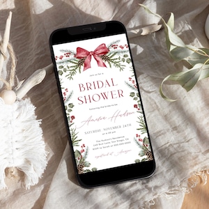 Sjabloon vrijgezellenfeest kerstmis digitale winterbrunch evite bewerkbare rode strik sms-uitnodiging vakantie vrijgezellenfeest | CH01