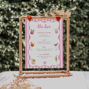 Roze handgetekende barmenu aquarel geschulpte frame bar teken golvende rand drankjes teken roze golvende bruiloft cocktailmenu handtekening drankjes | KL16