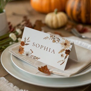 Fall Floral Place Card Template Thanksgiving Dinner Name Card Autumn Wedding Seating Cards | TG16