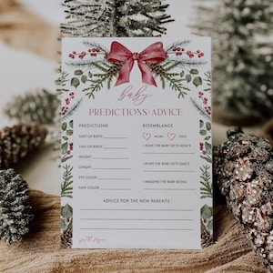 Kerstbaby voorspellingen en advies spelsjabloon Winter babyshower spelkaart rode strik babyvoorspellingskaart babybrunch activiteit | CH01