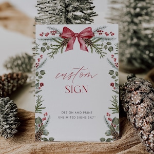 Christmas Custom Sign Template Red Bow Table Sign Editable Greenery Christmas Party Sign Winter Wedding Sign December Shower Sign| CH01