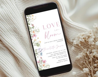 Wildflower Bridal Shower Digital Invitation Template Editable Love in Bloom Invitation Pastel Floral Bridal Shower Evite Sms Invitation|BW08
