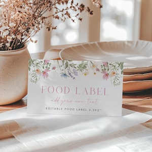 Modelo de etiqueta de comida de flores silvestres editável pastel floral chá de bebê buffet cartão flores do campo chá de panela buffet tenda cartão dobrado | BW08