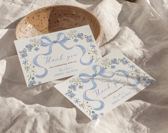 Modello di biglietto di ringraziamento floreale blu, modello di biglietto di ringraziamento per addio al nubilato blu polvere, modello di biglietto di ringraziamento per addio al nubilato con nastro blu, modello di biglietto di ringraziamento per addio al nubilato piegato a tenda / LK01