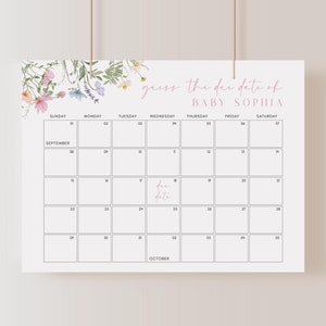 Wildblumen Fälligkeit Datum Kalender Bearbeitbarer Pastell Blumen Babyparty Spiel Feld Blumen Erraten Sie Baby Ankunftsdatum Zeichen, erraten Sie Babys Geburtsdatum|BW08