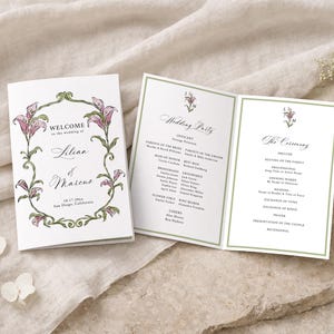 May include: Wedding program with a floral design. The cover reads "Welcome to the wedding of Lilian & Marcus" with the date and location. The inside pages list the wedding party and ceremony details, all on a white background with green borders.