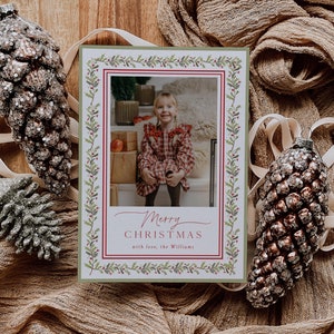Sjabloon fotokerstkaart Bewerkbare vrolijke kerstkaart Strik Klassieke botanische kerstkaart Feestelijke kerstkaart Familiefotokaart|C016