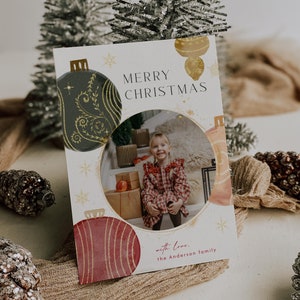 Fotokerstkaartsjabloon Bewerkbare kerstballenkaart Feestelijke kerstkaart Familiefoto kerstwenskaart, ornamenten | C014