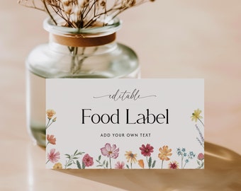 Modello di etichetta alimentare con fiori selvatici, modello modificabile, carta per buffet per addio al nubilato con fiori selvatici, carta piegata per tenda per buffet per baby shower con fiori selvatici / BM05