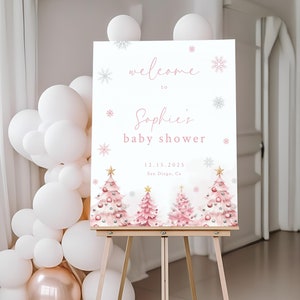 Rosa Winter-Babyparty-Willkommensschild-Vorlage Baby Es ist kalt draußen Willkommen Poster Urlaub-Babyparty-Schild Mädchen, rosa Schneeflocken-Zeichen| CH04