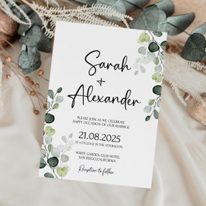 Greenery Wedding Invitation Template Eucalyptus wedding invitation card Printable Minimalist wedding invites template editable modern|GRENIA