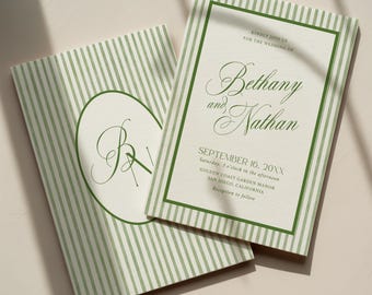 May include: Two wedding invitation cards featuring a white background with vertical sage green stripes. One card displays the names Bethany and Nathan with event details, while the other features a central oval frame containing the monogram letters BN.