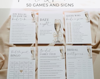 Pearls and Prosecco Bridal Shower Games Bundle Elegant Beige Bow Bridal Games Pack Coquette Champagne Bridal Signs | K003