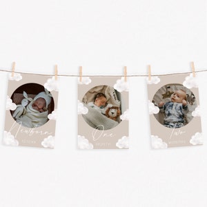 Neutrale wolk mijlpaal banner beige eerste jaar maandelijkse mijlpaal fotokaarten genderneutrale 1e verjaardag decor afdrukbare foto slinger