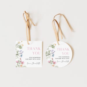 Wildflower Baby Shower Tag Template Pastel Floral Favor Tag Spring Baby Shower Circle Tag Editable Boho Flowers Thank You Tag | BW08
