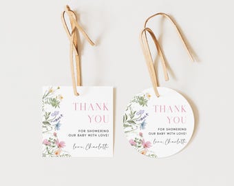 Modelo de etiqueta para chá de bebê com flores silvestres Etiqueta para lembrancinhas florais em tons pastéis Etiqueta circular para chá de bebê de primavera Etiqueta editável com flores boho Etiqueta de agradecimento | BW08