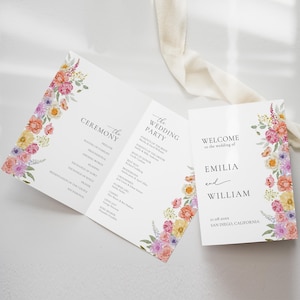 Plantilla de programa de boda floral, programa de ceremonia de boda con flores pastel, tarjeta de programa de boda plegable con flores silvestres, cronograma de boda en el jardín /VM08