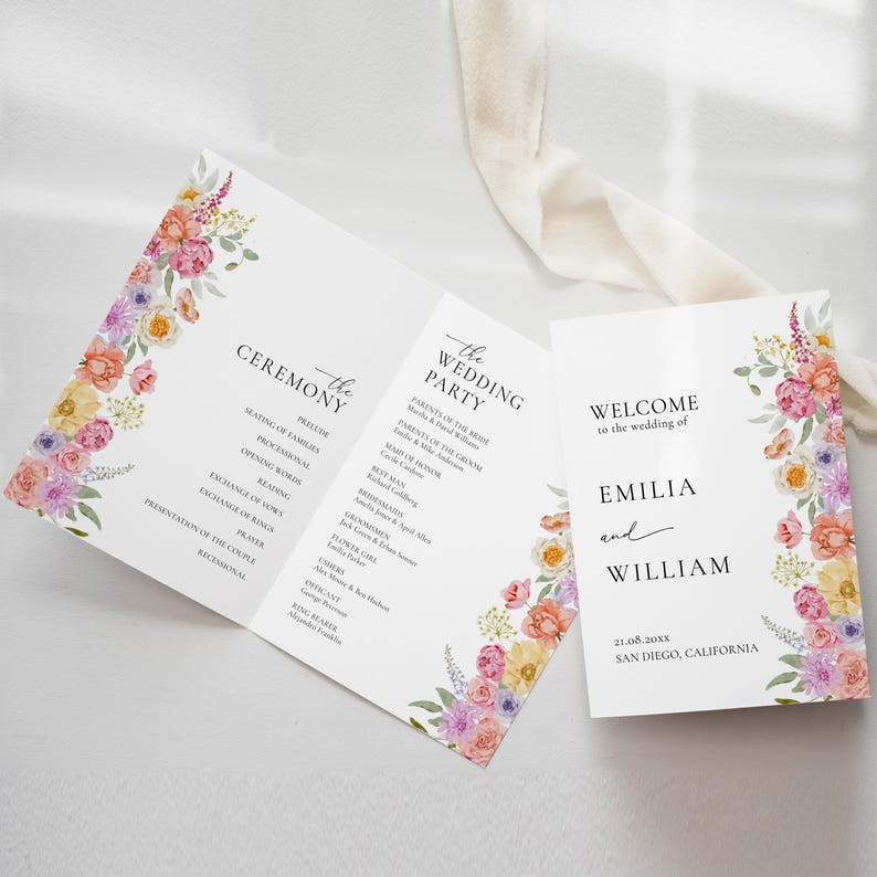 Event Program Flor Samples Floral Wedding Program Template Pastel Flowers Wedding Ceremony Program ...